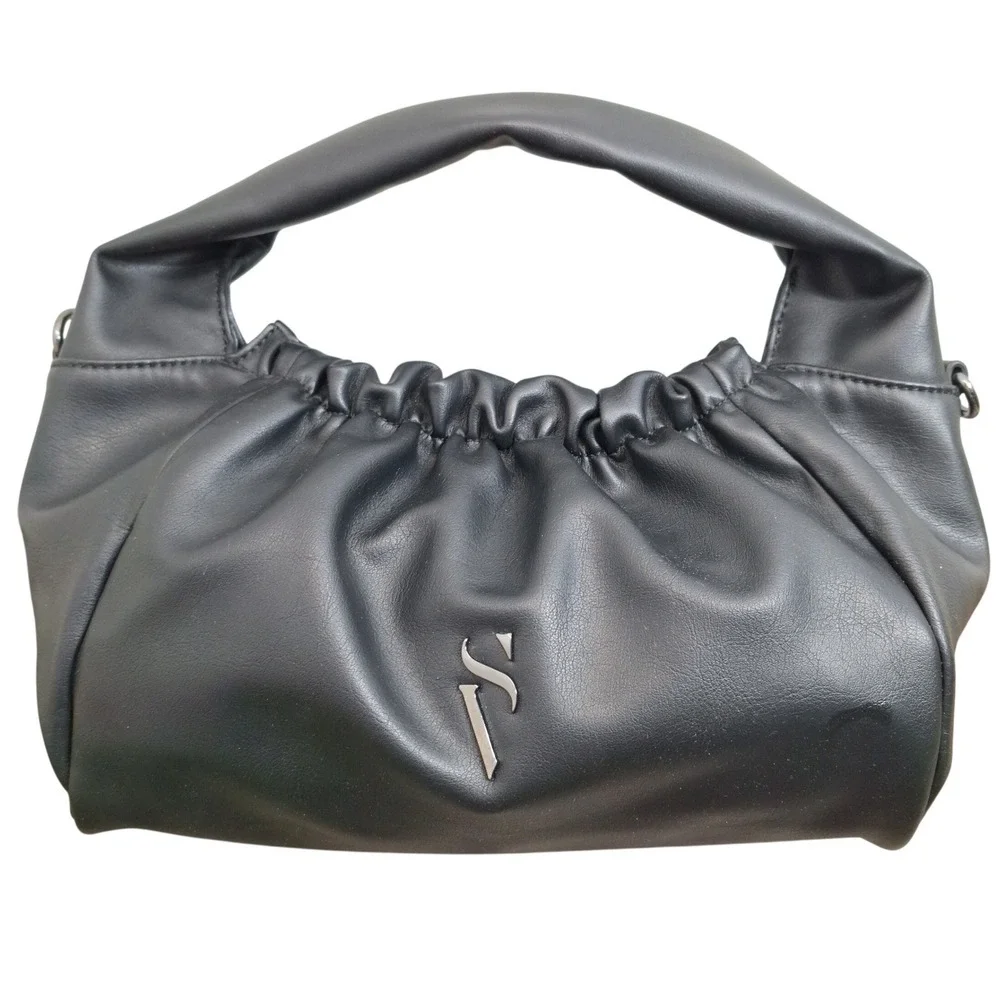 Simply Vera Vera Wang Black Ruched Faux Leather Hobo Bag‎ SV Logo Handbag